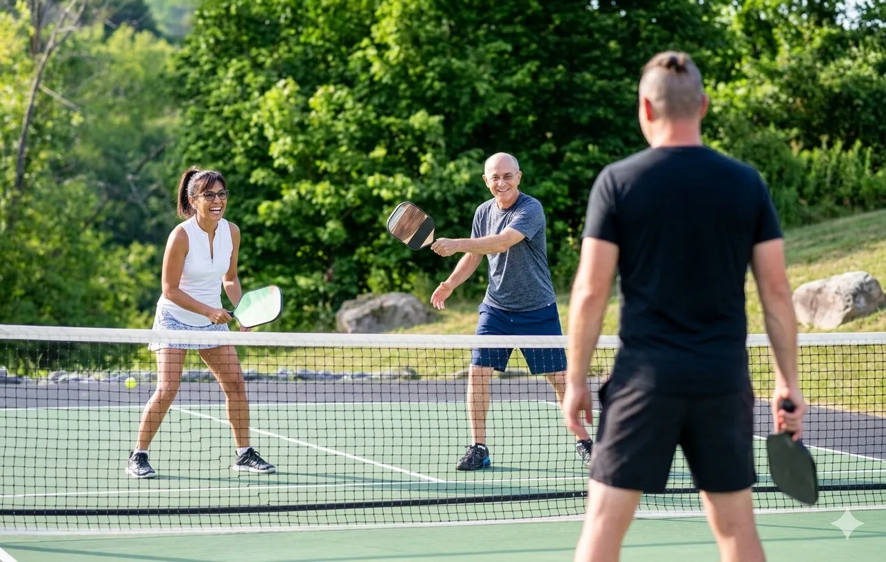 Active Arizona retirees laughing during a game of pickleball