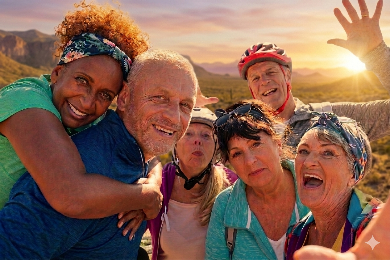 Group of happy seniors enjoying an active outdoor lifestyle at sunset